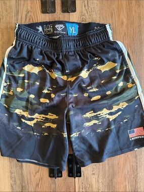 LaCrosse Youth Black Camo Athletic Shorts with Yellow Accents